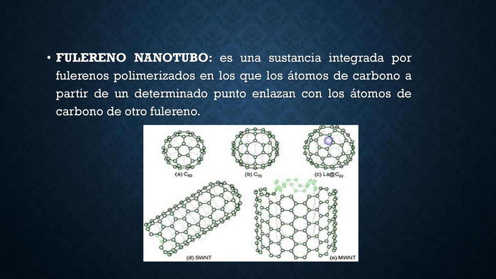 FULERENO NANOTUBO: es una sustancia integrada por fulerenos polimerizados en los que los átomos de carbono a partir de un determinado punto enlazan con los átomos de carbono de otro fulereno.