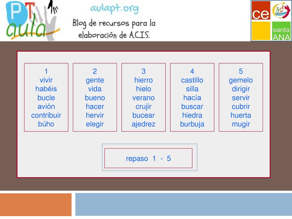 1 vivir. habéis. bucle. avión. contribuir. búho. 2. gente. vida. bueno. hacer. hervir. elegir.