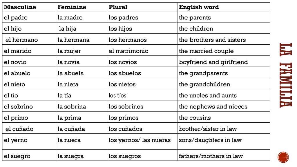 LA FAMILIA Masculine Feminine Plural English word el padre la madre