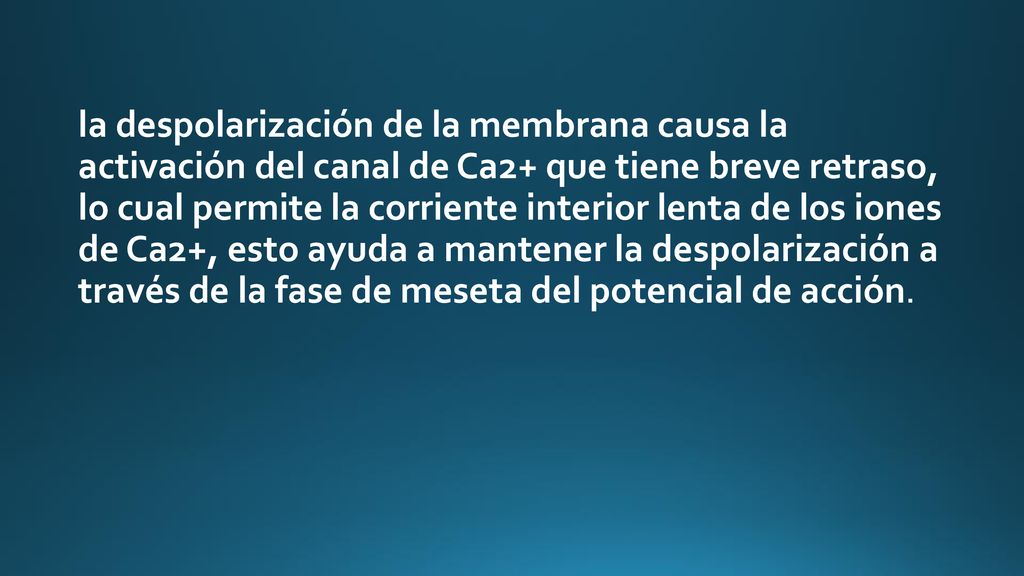 la despolarización de la membrana causa la activación del canal de Ca2+ que tiene breve retraso, lo cual permite la corriente interior lenta de los iones de Ca2+, esto ayuda a mantener la despolarización a través de la fase de meseta del potencial de acción.
