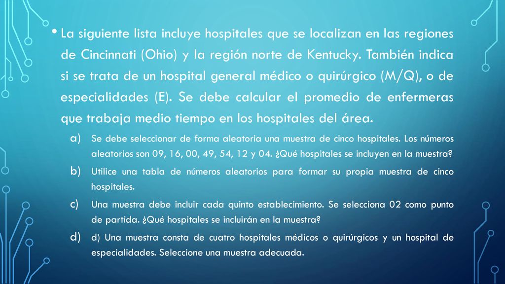 La siguiente lista incluye hospitales que se localizan en las regiones de Cincinnati (Ohio) y la región norte de Kentucky. También indica si se trata de un hospital general médico o quirúrgico (M/Q), o de especialidades (E). Se debe calcular el promedio de enfermeras que trabaja medio tiempo en los hospitales del área.