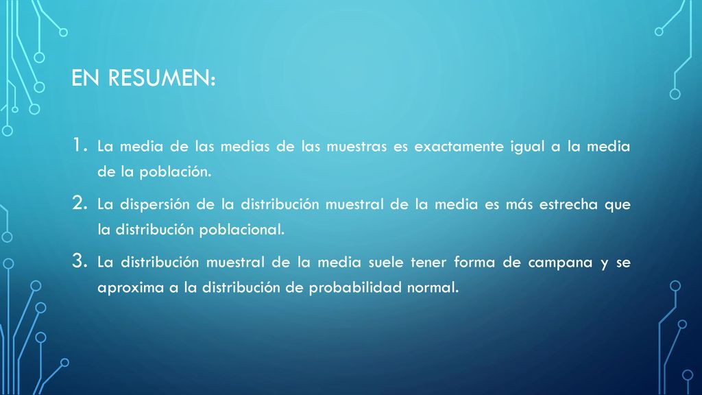 En resumen: La media de las medias de las muestras es exactamente igual a la media de la población.