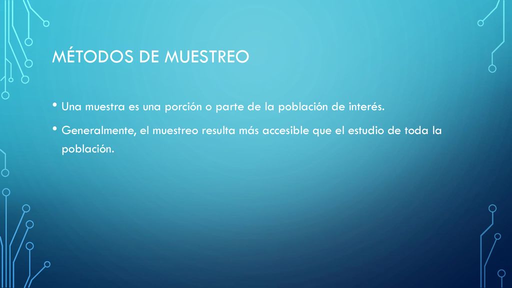 Métodos de muestreo Una muestra es una porción o parte de la población de interés.