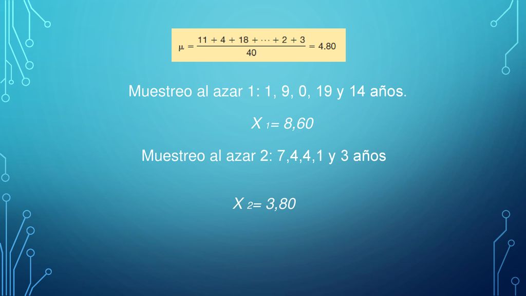 Muestreo al azar 1: 1, 9, 0, 19 y 14 años.