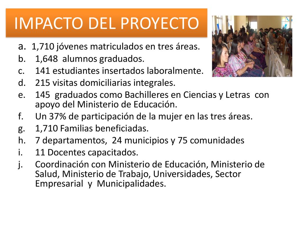 IMPACTO DEL PROYECTO a. 1,710 jóvenes matriculados en tres áreas.