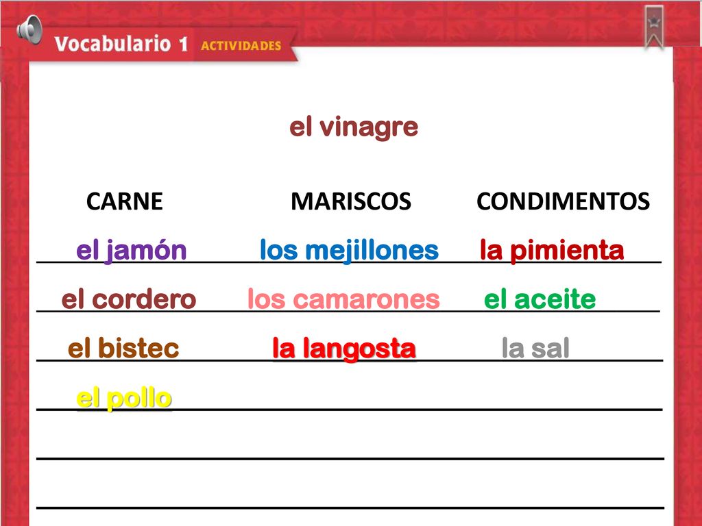 el vinagre CARNE MARISCOS CONDIMENTOS. el jamón los mejillones la pimienta