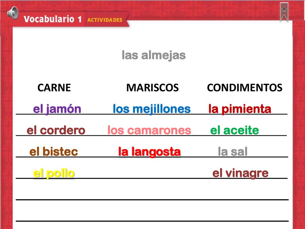 las almejas CARNE MARISCOS CONDIMENTOS. el jamón los mejillones la pimienta