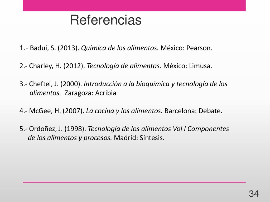 Referencias 1.- Badui, S. (2013). Química de los alimentos. México: Pearson. 2.- Charley, H. (2012). Tecnología de alimentos. México: Limusa.