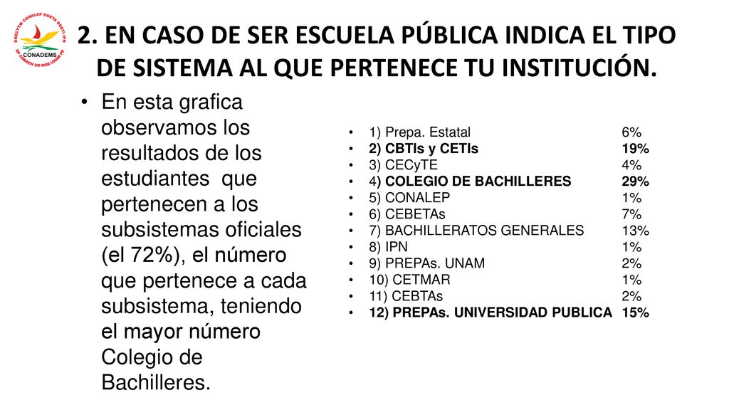 2. EN CASO DE SER ESCUELA PÚBLICA INDICA EL TIPO DE SISTEMA AL QUE PERTENECE TU INSTITUCIÓN.