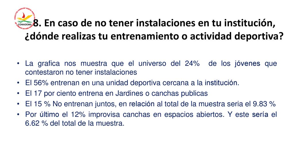 8. En caso de no tener instalaciones en tu institución, ¿dónde realizas tu entrenamiento o actividad deportiva