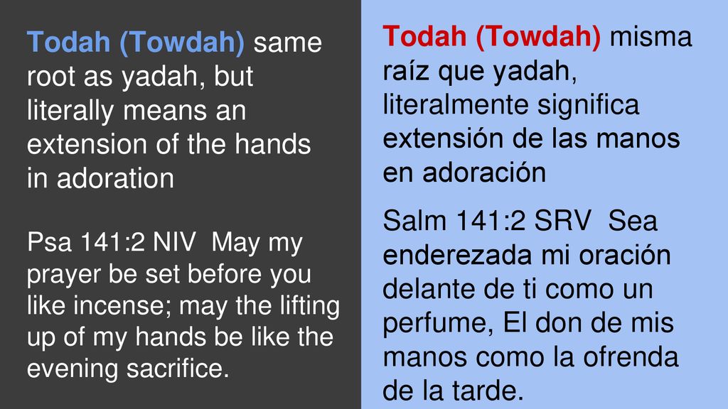 Todah (Towdah) misma raíz que yadah, literalmente significa extensión de las manos en adoración