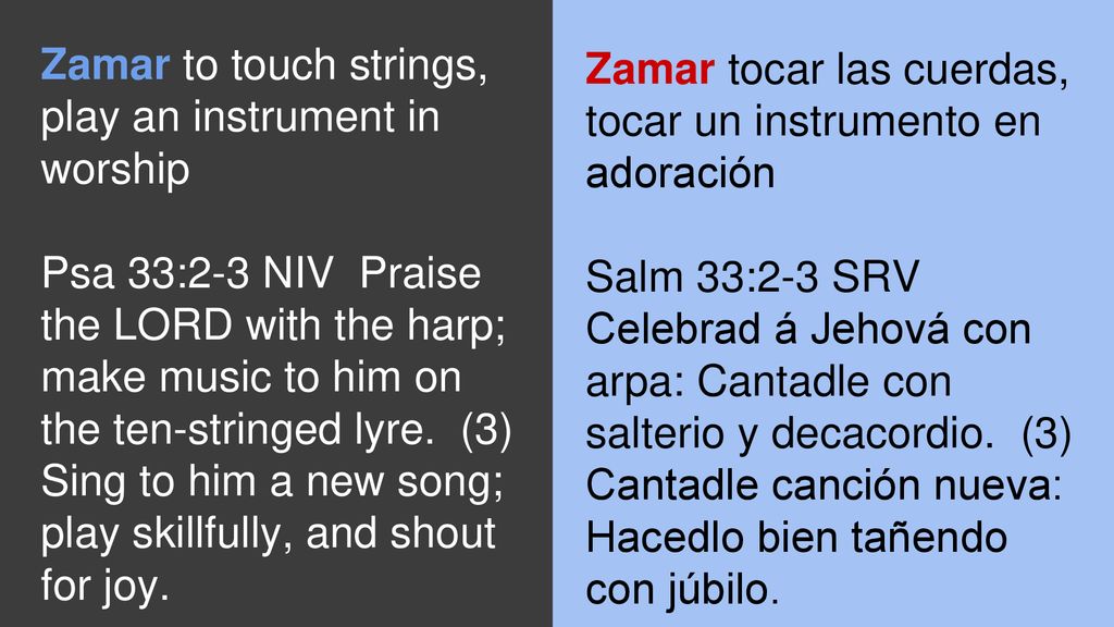 Zamar tocar las cuerdas, tocar un instrumento en adoración