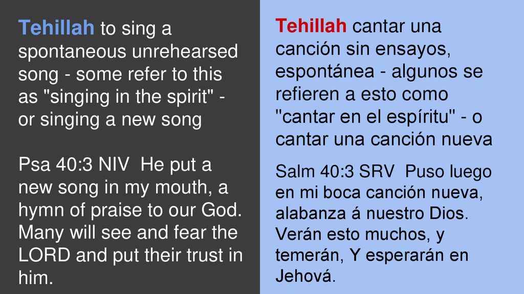 Tehillah to sing a spontaneous unrehearsed song - some refer to this as singing in the spirit - or singing a new song