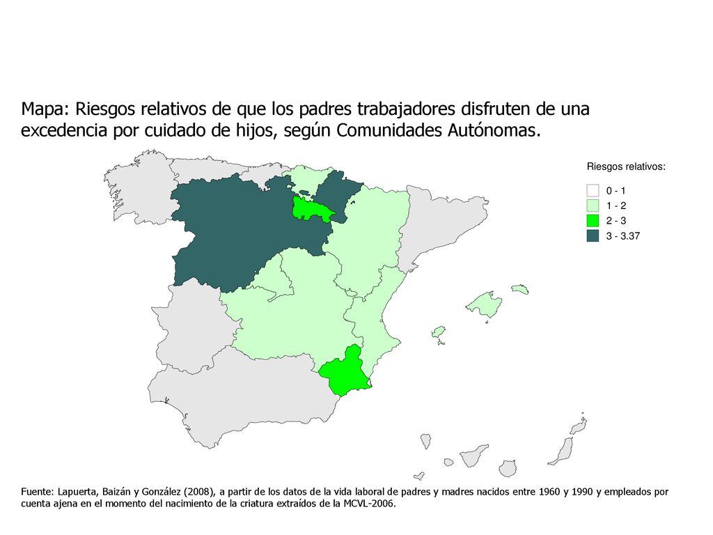 Mapa: Riesgos relativos de que los padres trabajadores disfruten de una excedencia por cuidado de hijos, según Comunidades Autónomas.