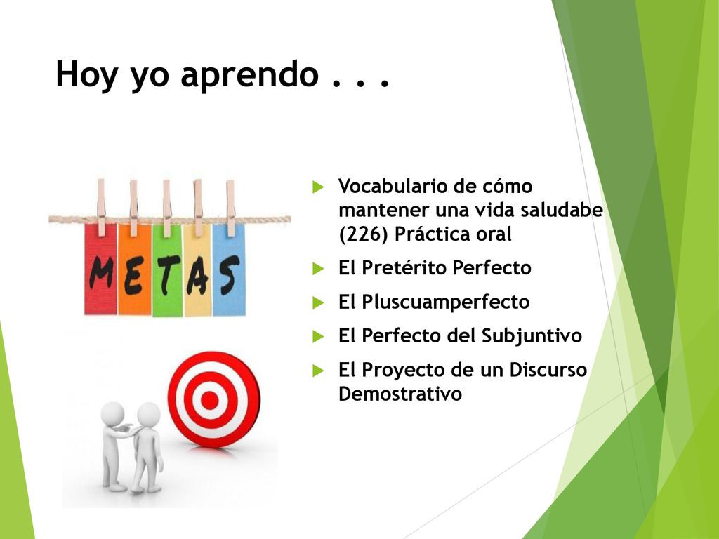 Hoy yo aprendo Vocabulario de cómo mantener una vida saludabe (226) Práctica oral. El Pretérito Perfecto.