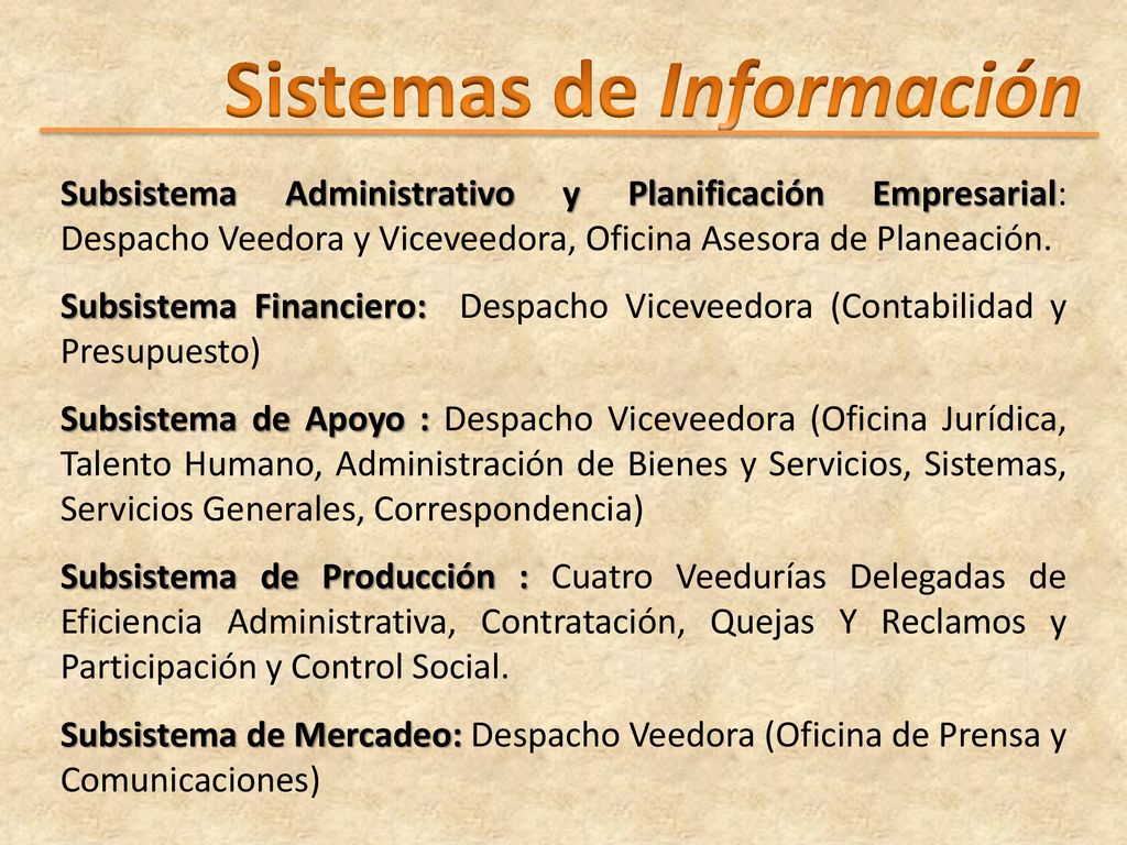 Subsistema Administrativo y Planificación Empresarial: Despacho Veedora y Viceveedora, Oficina Asesora de Planeación.