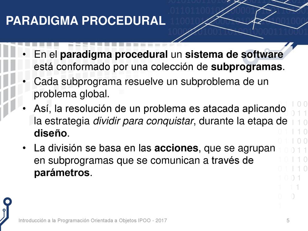 PARADIGMA PROCEDURAL En el paradigma procedural un sistema de software está conformado por una colección de subprogramas.