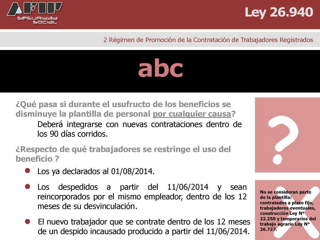 Ley Régimen de Promoción de la Contratación de Trabajadores Registrados. abc.