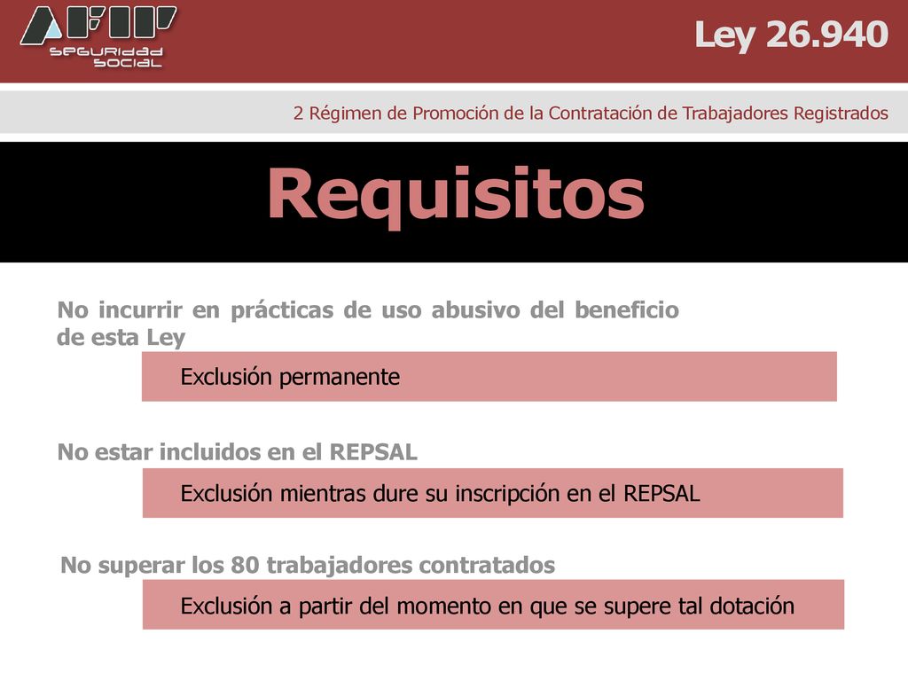 Ley Régimen de Promoción de la Contratación de Trabajadores Registrados. Requisitos.