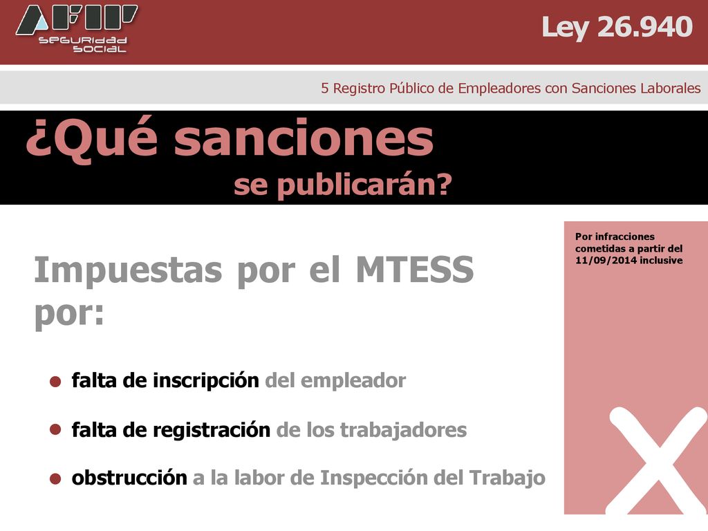 X ¿Qué sanciones Impuestas por el MTESS por: se publicarán Ley