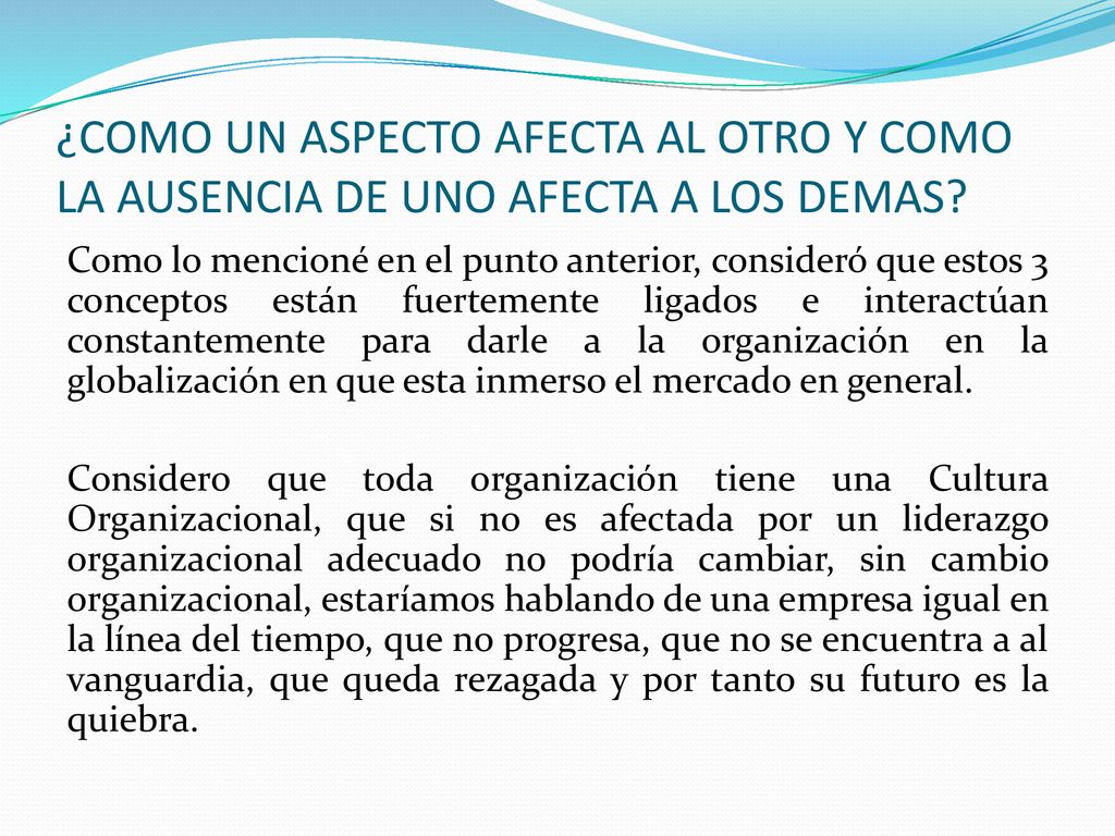 ¿COMO UN ASPECTO AFECTA AL OTRO Y COMO LA AUSENCIA DE UNO AFECTA A LOS DEMAS