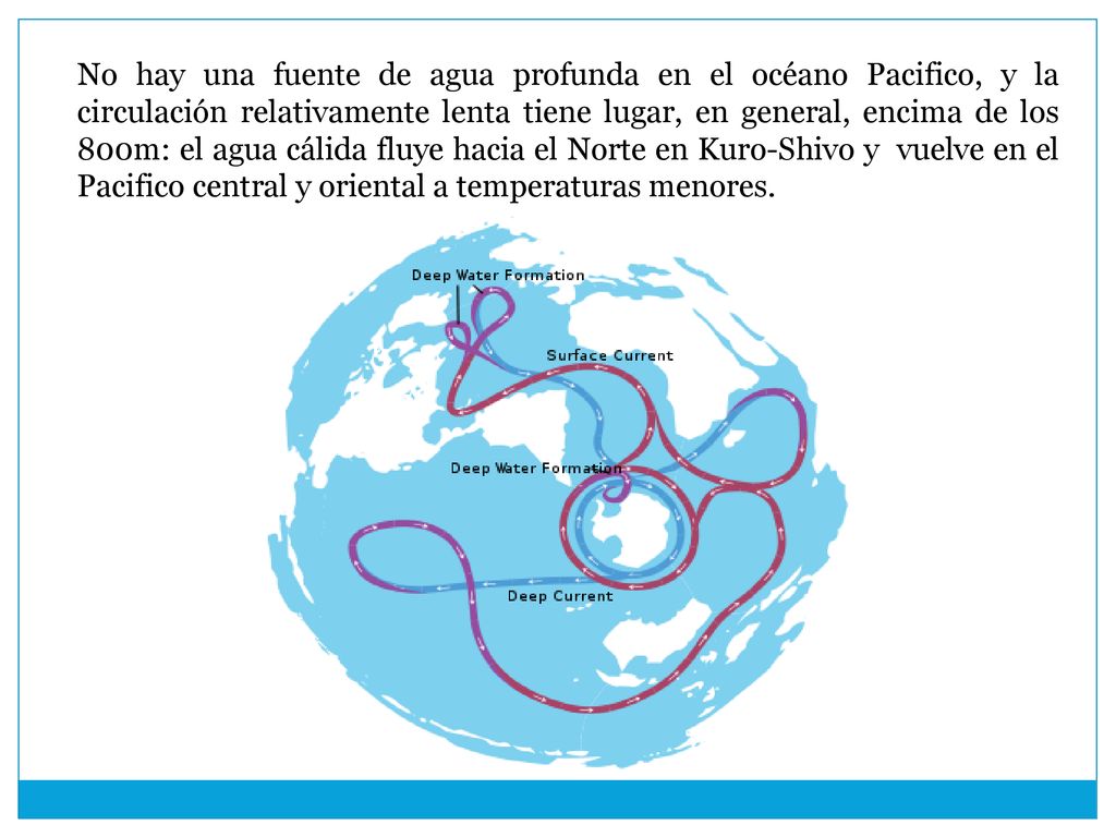 No hay una fuente de agua profunda en el océano Pacifico, y la circulación relativamente lenta tiene lugar, en general, encima de los 800m: el agua cálida fluye hacia el Norte en Kuro-Shivo y vuelve en el Pacifico central y oriental a temperaturas menores.