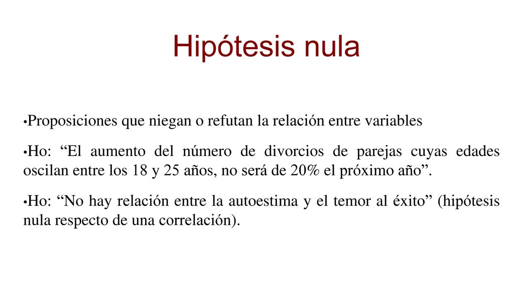 Hipótesis nula Proposiciones que niegan o refutan la relación entre variables.