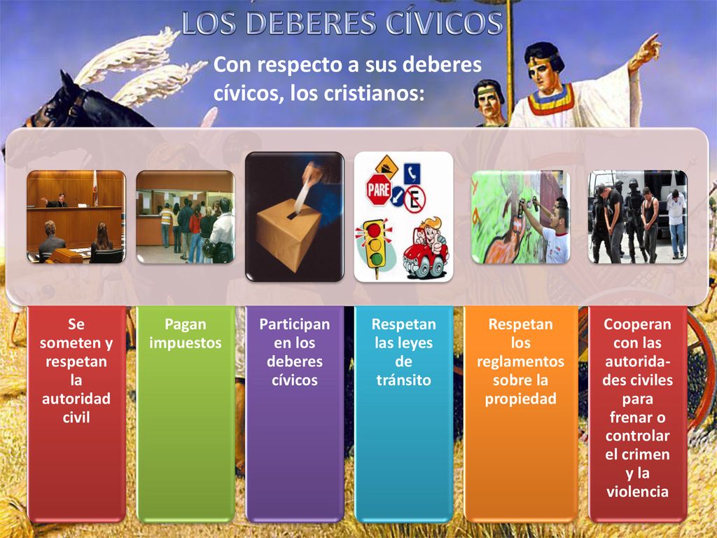LOS DEBERES CÍVICOS Con respecto a sus deberes cívicos, los cristianos: Se someten y respetan la autoridad civil.