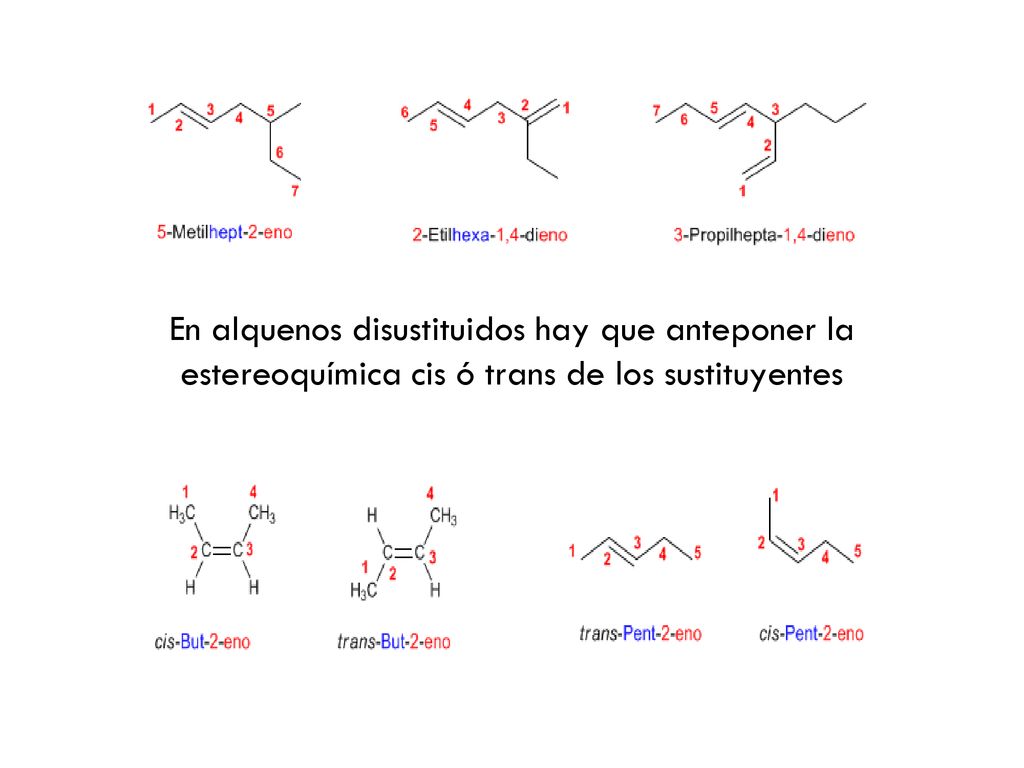 En alquenos disustituidos hay que anteponer la estereoquímica cis ó trans de los sustituyentes