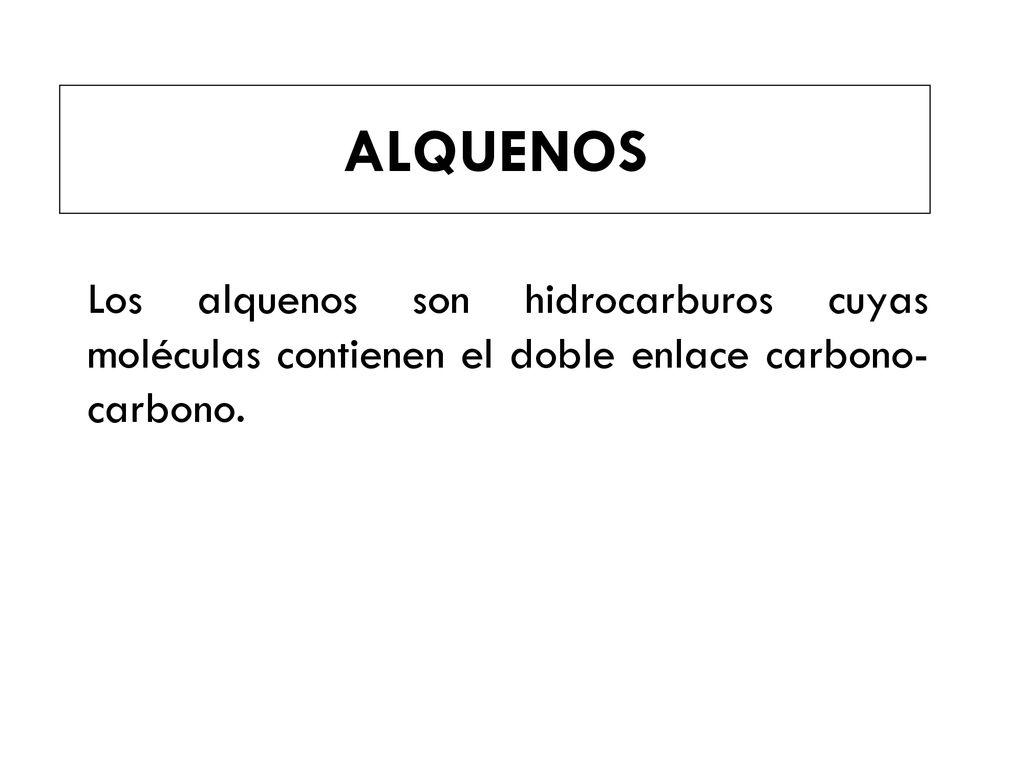 ALQUENOS Los alquenos son hidrocarburos cuyas moléculas contienen el doble enlace carbono-carbono.