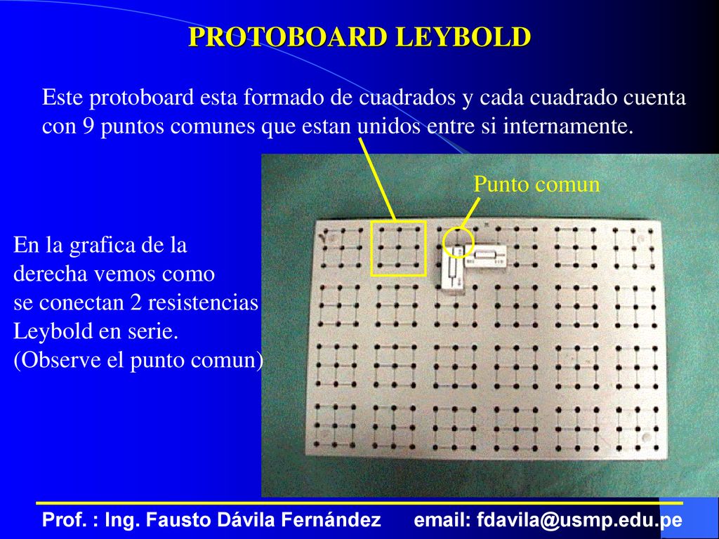PROTOBOARD LEYBOLD Este protoboard esta formado de cuadrados y cada cuadrado cuenta. con 9 puntos comunes que estan unidos entre si internamente.