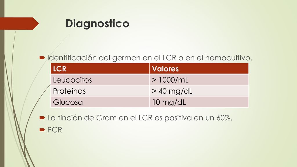 Diagnostico Identificación del germen en el LCR o en el hemocultivo.