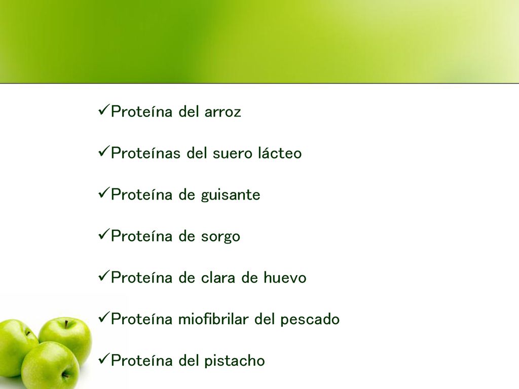 Proteína del arroz Proteínas del suero lácteo. Proteína de guisante. Proteína de sorgo. Proteína de clara de huevo.