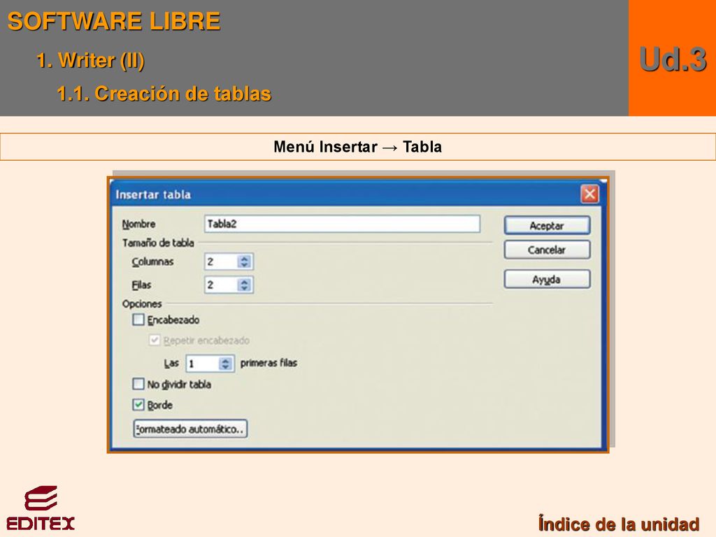 Ud.3 SOFTWARE LIBRE 1. Writer (II) 1.1. Creación de tablas