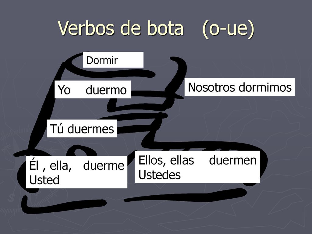 Verbos de bota (o-ue) Nosotros dormimos Yo duermo Tú duermes