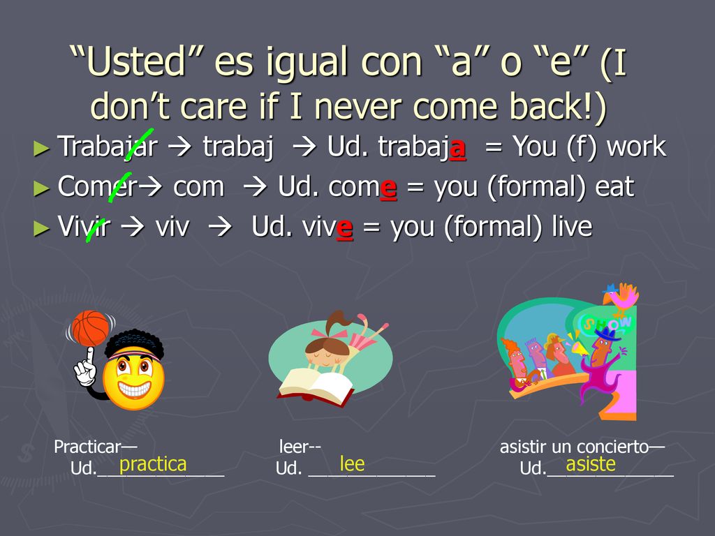 Usted es igual con a o e (I don’t care if I never come back!)