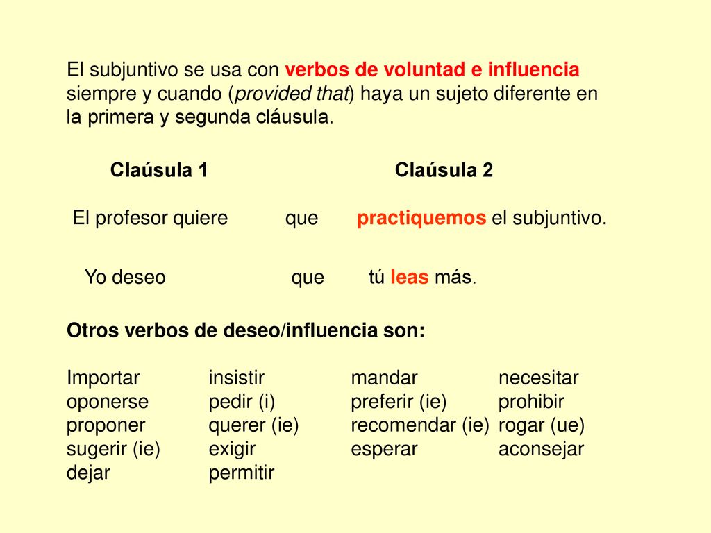 El subjuntivo se usa con verbos de voluntad e influencia siempre y cuando (provided that) haya un sujeto diferente en la primera y segunda cláusula.