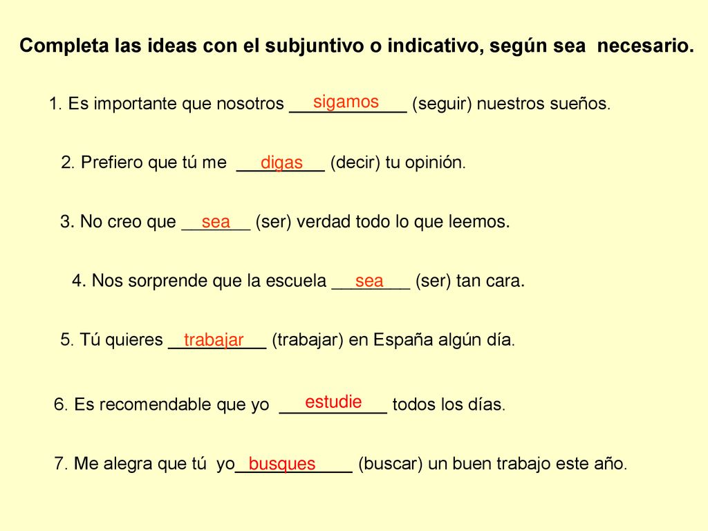 Completa las ideas con el subjuntivo o indicativo, según sea necesario.