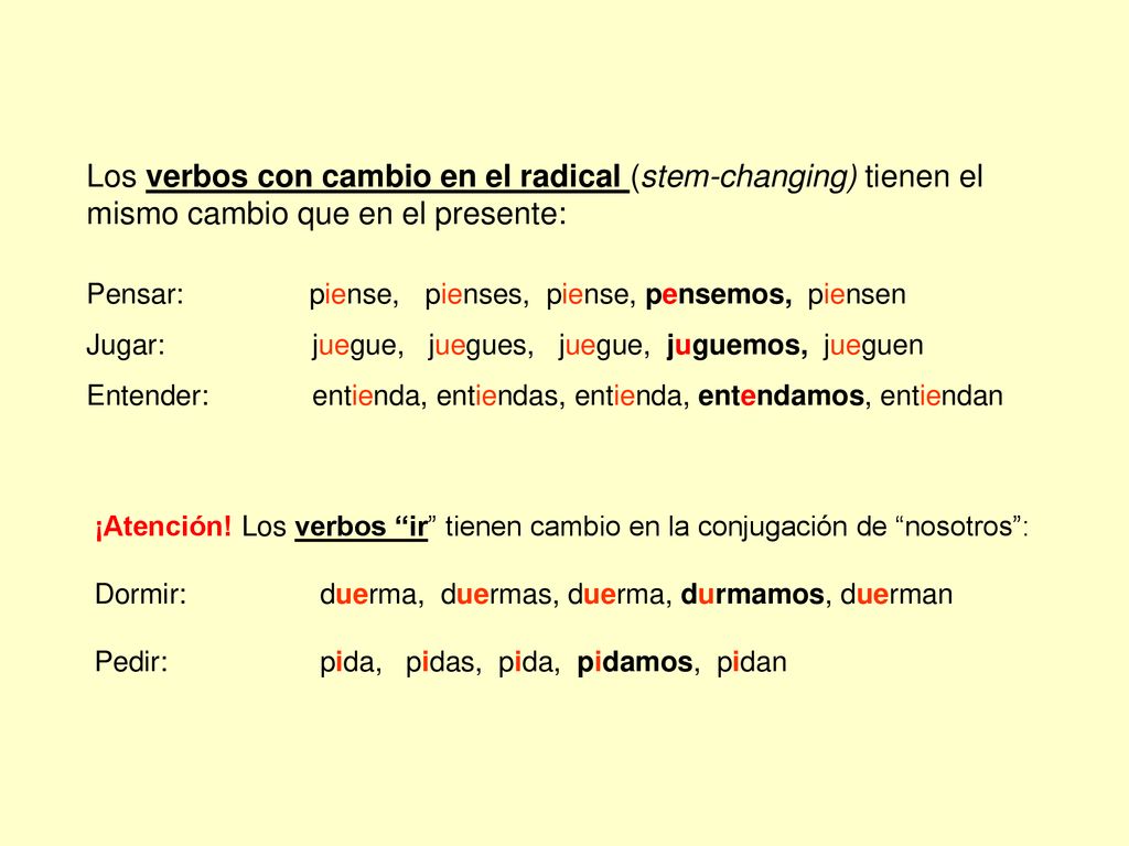 Los verbos con cambio en el radical (stem-changing) tienen el mismo cambio que en el presente: