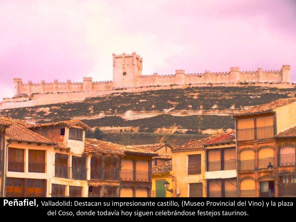 Peñafiel, Valladolid: Destacan su impresionante castillo, (Museo Provincial del Vino) y la plaza del Coso, donde todavía hoy siguen celebrándose festejos taurinos.