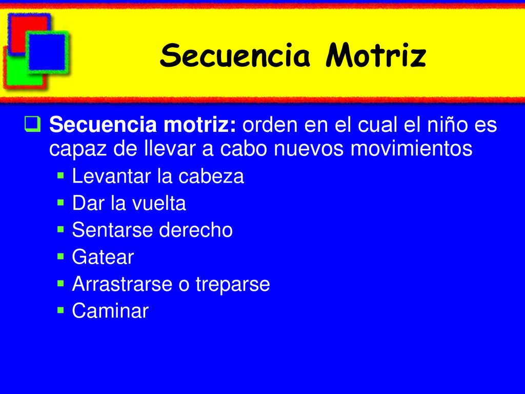 Secuencia Motriz Secuencia motriz: orden en el cual el niño es capaz de llevar a cabo nuevos movimientos.
