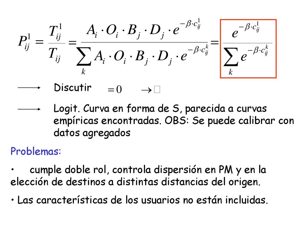 Discutir Logit. Curva en forma de S, parecida a curvas empíricas encontradas. OBS: Se puede calibrar con datos agregados.