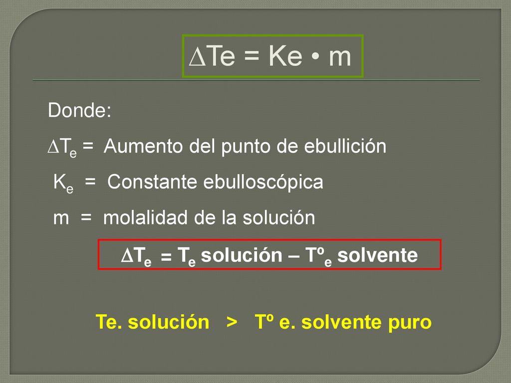 Te = Te solución – Tºe solvente Te. solución > Tº e. solvente puro