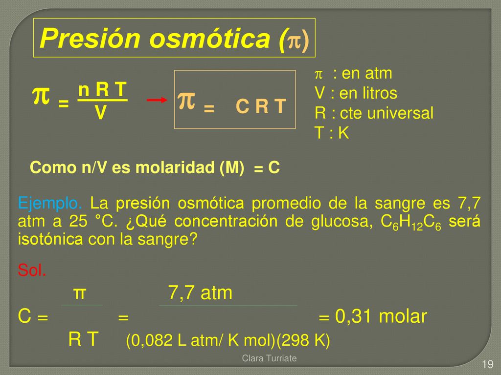  =  = Presión osmótica () n R T V C R T π 7,7 atm