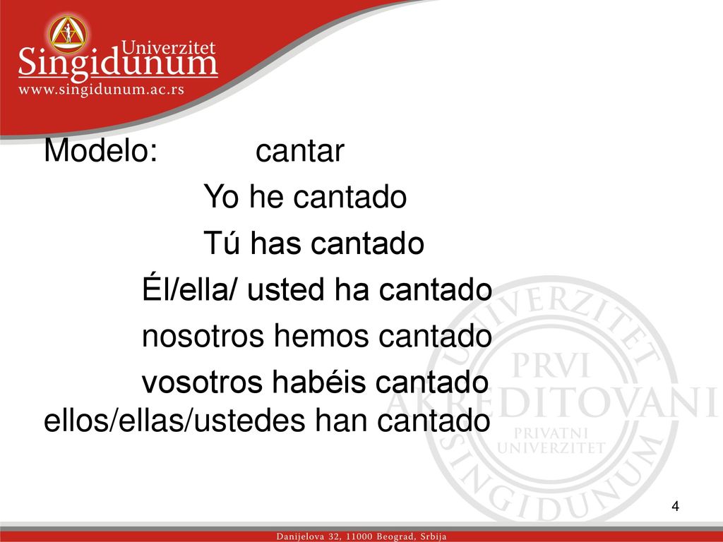 Modelo: cantar Yo he cantado Tú has cantado Él/ella/ usted ha cantado nosotros hemos cantado vosotros habéis cantado ellos/ellas/ustedes han cantado