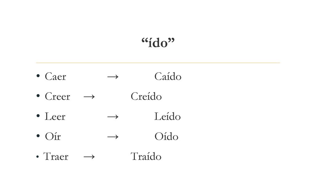 ído Caer → Caído Creer → Creído Leer → Leído Oír → Oído