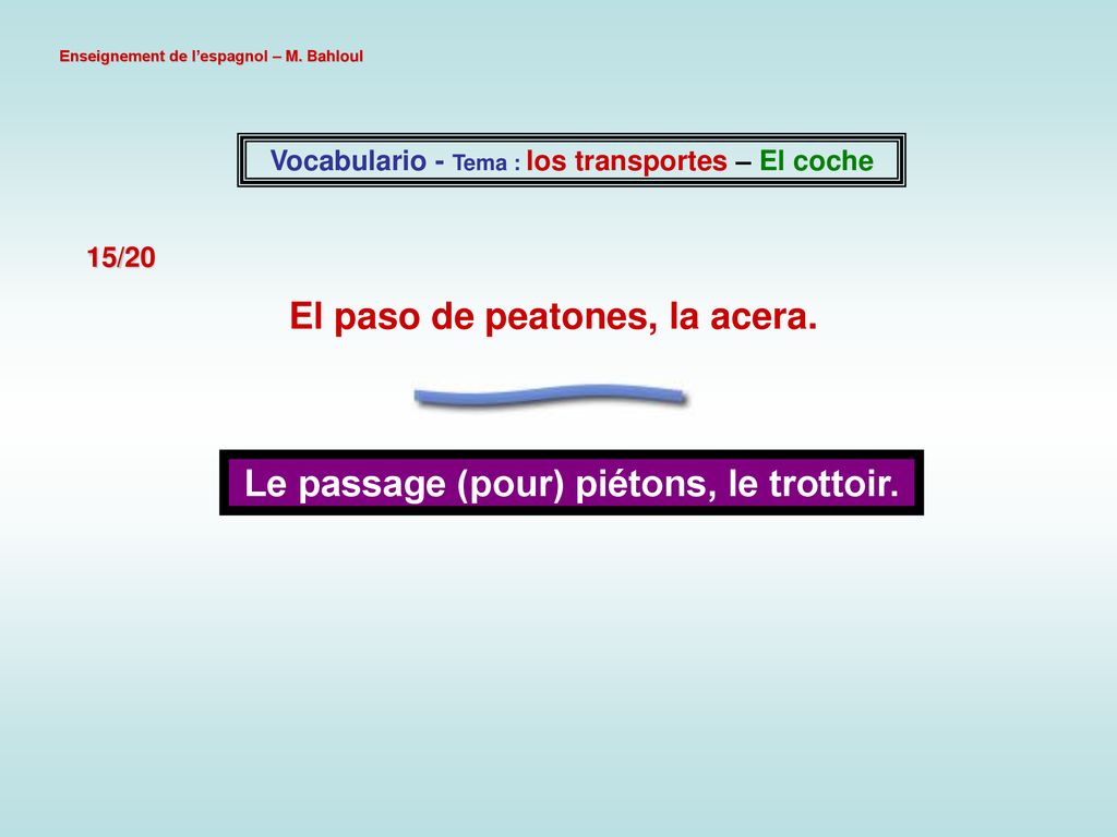 El paso de peatones, la acera. Le passage (pour) piétons, le trottoir.