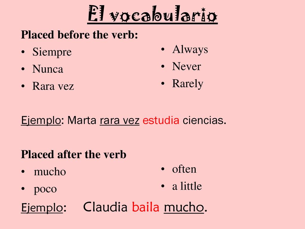 El vocabulario Placed before the verb: Always Siempre Never Nunca