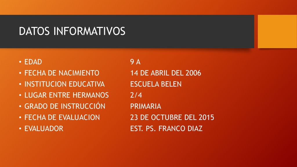 DATOS INFORMATIVOS EDAD 9 A FECHA DE NACIMIENTO 14 DE ABRIL DEL 2006