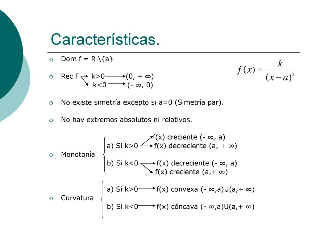 Características. Dom f = R \{a} Rec f k>0 (0, + ∞) k<0 (- ∞, 0)